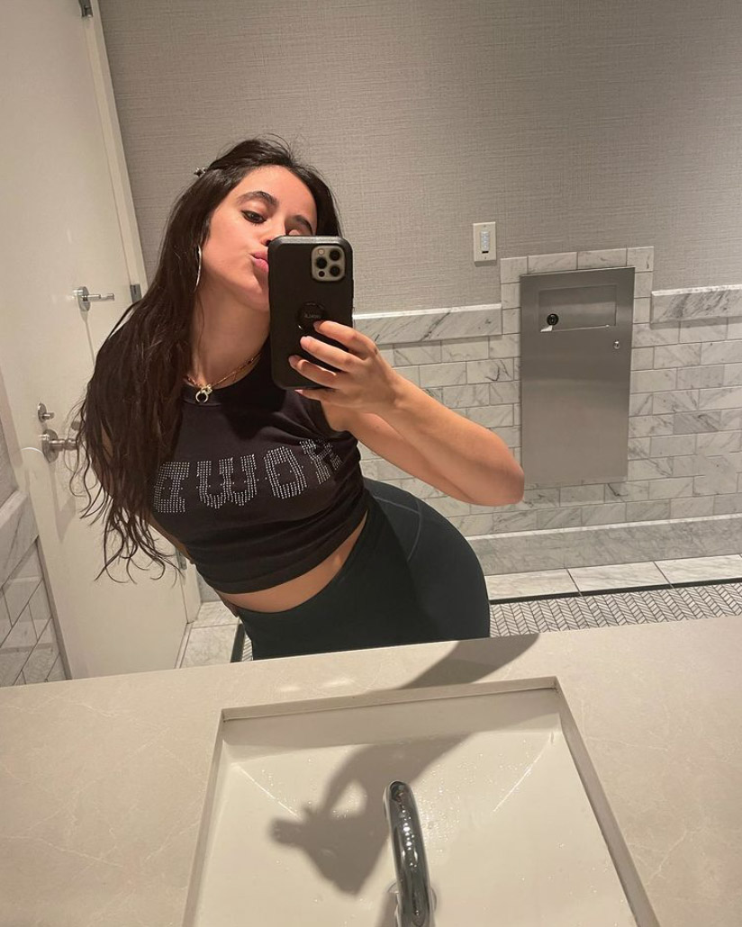 Camila Cabello teases her upcoming album while striking a pose in the bathroom mirror selfie on Feb. 6, 2022. 