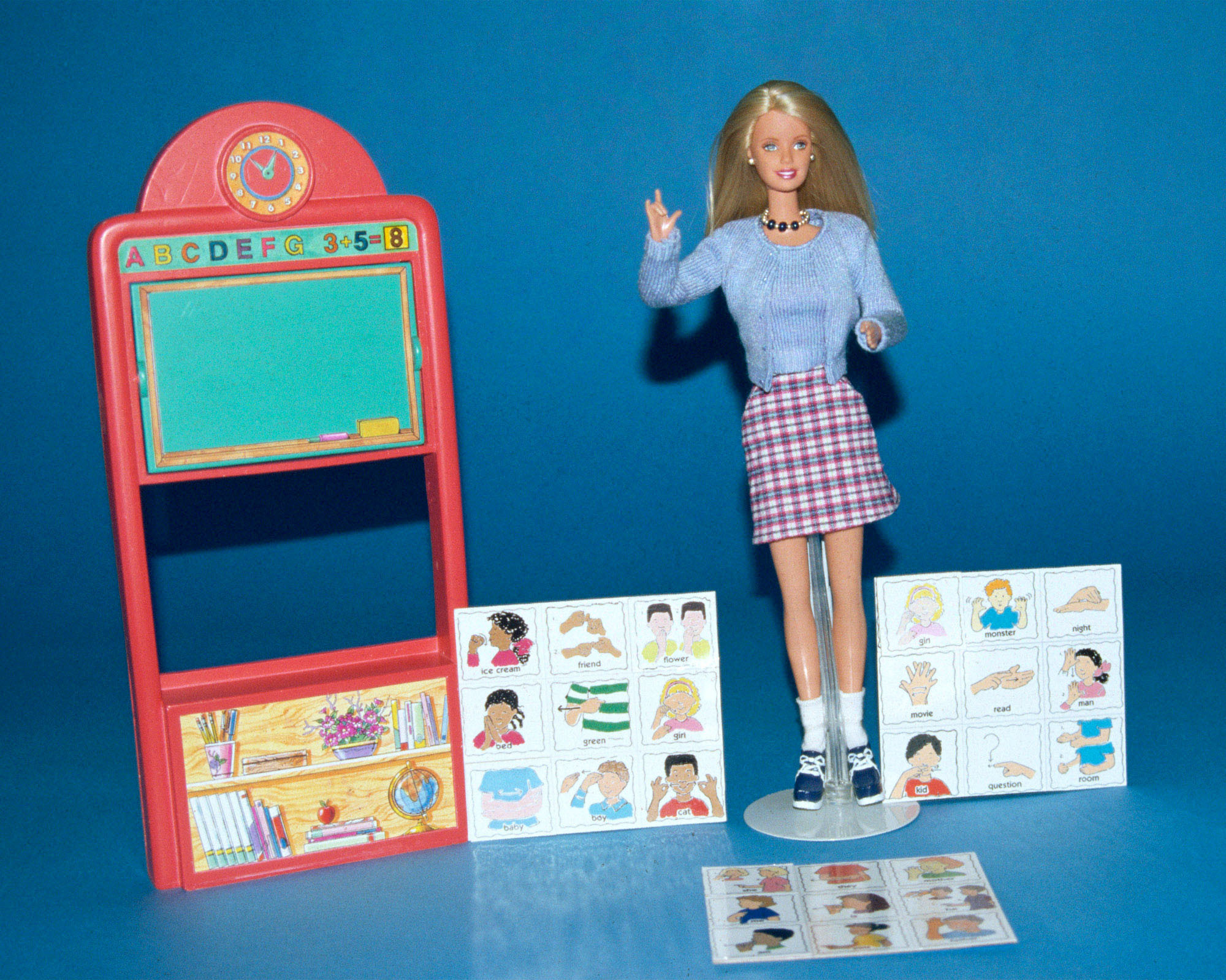 American Sign Language (ASL) Barbie was introduced in 2000. Mattel worked with the National Center on Deafness at California State University in Northridge to ensure the accuracy of the doll's hand signs. The doll was available exclusively at Toys 