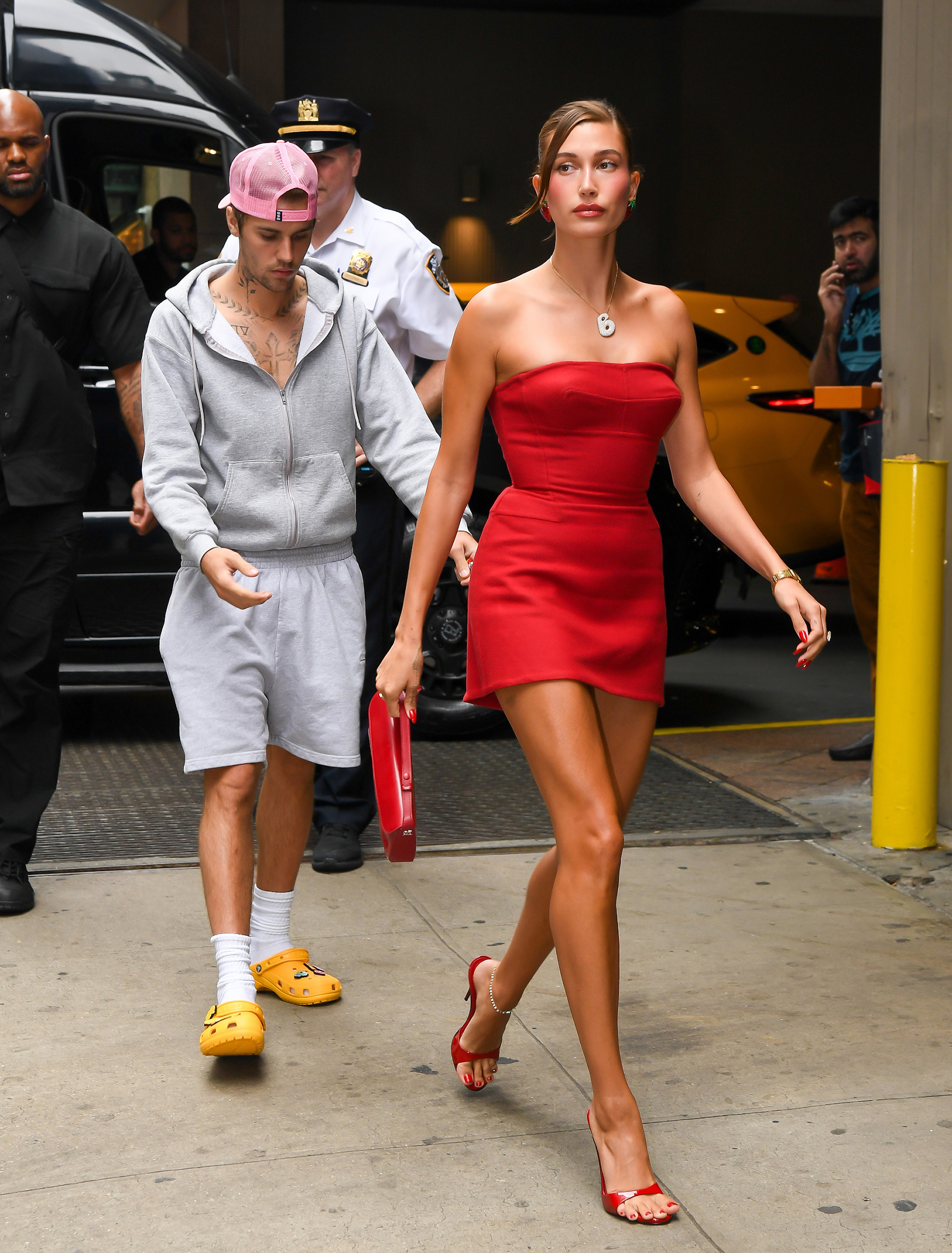 Justin Bieber and Hailey Bieber arrive at Krispy Kreme in Times Square on Aug. 28, 2023, in New York City.