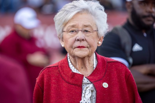 Alabama Governor Kay Ivey visits the sidelines during an NCAA football game between Troy and Arkansas State on Saturday, Oct. 7, 2023, in Troy, Ala. (AP Photo/Vasha Hunt)