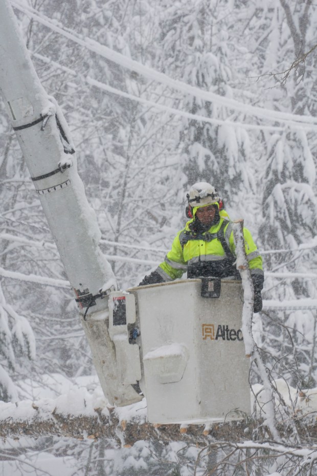 Crews clears trees along Donner Lake, where power was lost due to a snow storm, Saturday, March 2, 2024, in Truckee, Calif. (AP Photo/Brooke Hess-Homeier)