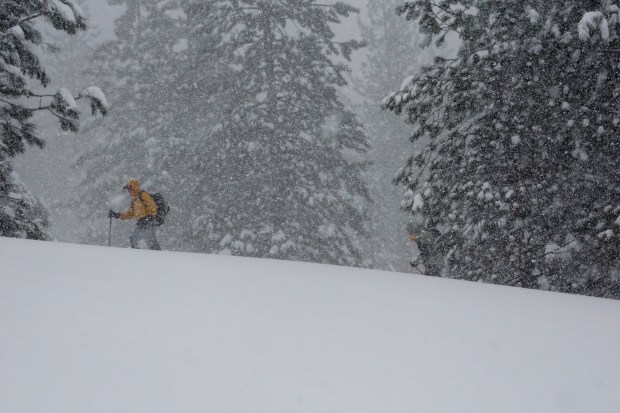 A person skis during a snow storm Sunday, March 3, 2024, in Olympic Valley, Calif. (AP Photo/Brooke Hess-Homeier)