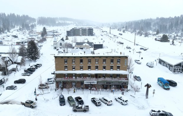 A drone view shows a snow-covered downtown Truckee, Calif., Sunday, March 3, 2024. (Jane Tyska/Bay Area News Group via AP)