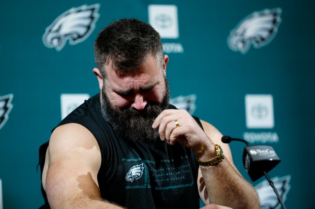 Philadelphia Eagles' Jason Kelce reacts during an NFL football press conference announcing his retirement in Philadelphia, Monday, March 4, 2024. (AP Photo/Matt Rourke)
