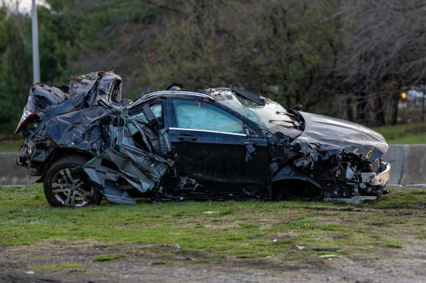 A 24yr old woman riding as a passenger inside a 2017 Mercedes Benz was pronounced dead at Long Island Jewish Hospital after the 26yr old female driver of the car lost control and struck a guardrail while southbound on the Cross Island Parkway near the Belt Parkway in Queens on Friday April 8, 2022. 0708. The 26yr old driver and another 32yr old woman, who was also a passenger inside the car, were taken to North Shore University Hospital Long Island. (Theodore Parisienne)