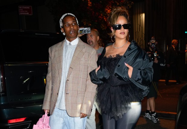NEW YORK, NEW YORK - OCTOBER 04: ASAP Rocky and Rihanna go to Carbone for his 34th birthday on October 04, 2023 in New York City. (Photo by Jackson Lee/GC Images)