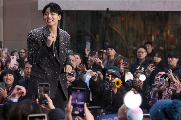 NEW YORK, NEW YORK - NOVEMBER 08: Jungkook of BTS performs on NBC's "Today" at Rockefeller Plaza on November 08, 2023 in New York City. (Photo by Michael Loccisano/Getty Images)