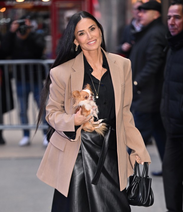 NEW YORK, NEW YORK - JANUARY 31: Demi Moore arrives to ABC's "Good Morning America" in Times Square on January 31, 2024 in New York City. (Photo by James Devaney/GC Images)