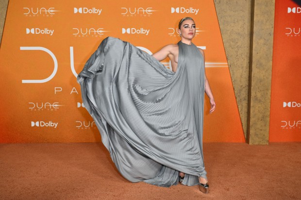 British actress Florence Pugh arrives for the premiere of "Dune: Part Two" at Josie Robertson Plaza at Lincoln Center on February 25, 2024, in New York City. (Photo by ANGELA WEISS / AFP) (Photo by ANGELA WEISS/AFP via Getty Images)