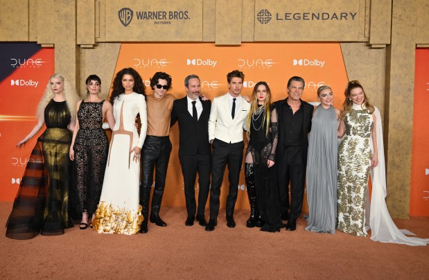 (From L) Anya Taylor-Joy, Souheila Yacoub, Zendaya, Timothee Chalamet, Denis Villeneuve, Austin Butler, Rebecca Ferguson, Josh Brolin, Florence Pugh and Lea Seydoux arrive for the premiere of "Dune: Part Two" at Josie Robertson Plaza in Lincoln Center on February 25, 2024, in New York City. (Photo by ANGELA WEISS / AFP) (Photo by ANGELA WEISS/AFP via Getty Images)