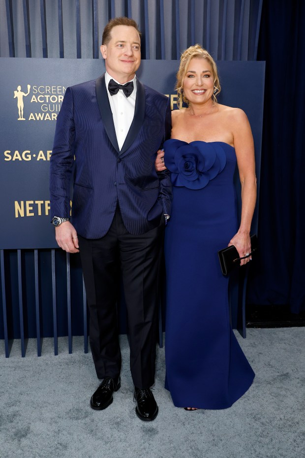 LOS ANGELES, CALIFORNIA - FEBRUARY 24: (L-R) Brendan Fraser and Jeanne Moore attend the 30th Annual Screen Actors Guild Awards at Shrine Auditorium and Expo Hall on February 24, 2024 in Los Angeles, California. (Photo by Frazer Harrison/Getty Images)