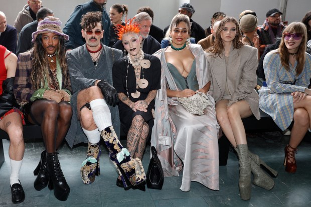TOPSHOT - L-R Jeffrey C. Williams, Lucky Love, Brooke Candy, Celeste Epiphany Waite, Barbara Palvin, Victoria De Angelis pose ahead of the presentation of creations by Vivienne Westwood for the Women Ready-to-wear Fall-Winter 2024/2025 collection as part of the Paris Fashion Week, in Paris on March 2, 2024. (Photo by Geoffroy VAN DER HASSELT / AFP) (Photo by GEOFFROY VAN DER HASSELT/AFP via Getty Images)