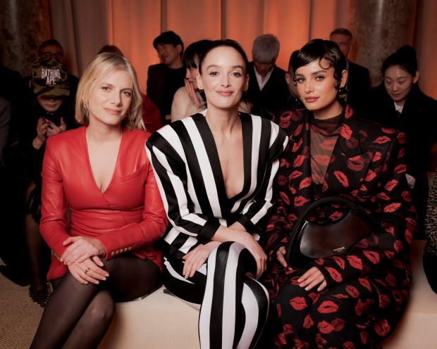 PARIS, FRANCE - FEBRUARY 28: (L-R) Mélanie Laurent, Charlotte Lebon and Taylor Hill attend the Balmain Womenswear Fall/Winter 2024-2025 show as part of Paris Fashion Week on February 28, 2024 in Paris, France. (Photo by Pierre Mouton/Getty Images for Balmain)
