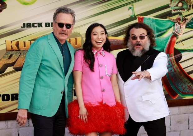 (L-R) U.S. actors Bryan Cranston, Awkwafina and Jack Black attend the premiere of Universal Pictures' "Kung Fu Panda 4" at the AMC The Grove theatre in Los Angeles, Calif. on March 3, 2024.