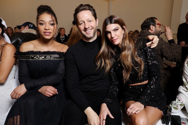 PARIS, FRANCE - MARCH 01: (EDITORIAL USE ONLY - For Non-Editorial use please seek approval from Fashion House) (L-R) Manon Bresch, Derek Blasberg and Bianca Brandolini D'Adda attend the Giambattista Valli Womenswear Fall/Winter 2024-2025 show as part of Paris Fashion Week on March 01, 2024 in Paris, France. (Photo by Pascal Le Segretain/Getty Images)