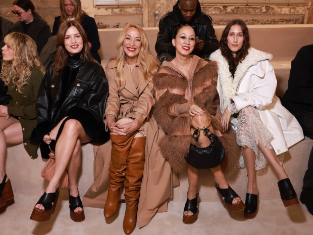 PARIS, FRANCE - FEBRUARY 29: (L-R) Georgia May Jagger, Jerry Hall, Pat Cleveland and Anna Cleveland attend the Chloé Womenswear Fall/Winter 2024-2025 show as part of Paris Fashion Week on February 29, 2024 in Paris, France. (Photo by Arnold Jerocki/Getty Images for Chloé)