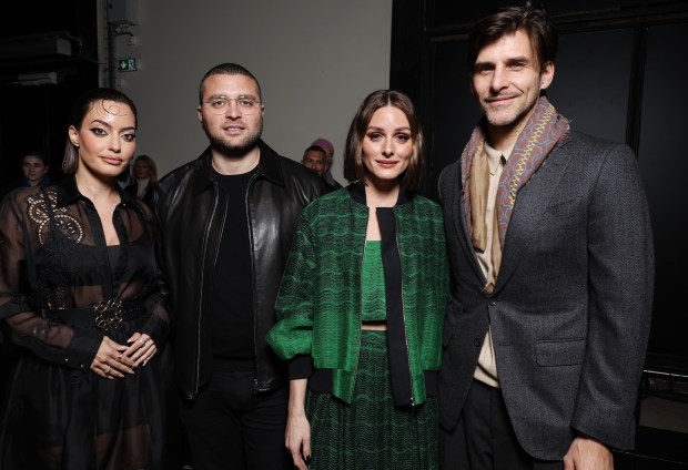 PARIS, FRANCE - MARCH 02: (EDITORIAL USE ONLY - For Non-Editorial use please seek approval from Fashion House) Karen Wazen, Michel Saab, Olivia Palermo and Johannes Huebl attend the Elie Saab Womenswear Fall/Winter 2024-2025 show as part of Paris Fashion Week on March 02, 2024 in Paris, France. (Photo by Pascal Le Segretain/Getty Images)
