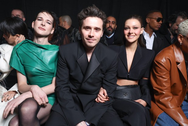 PARIS, FRANCE - MARCH 03: (EDITORIAL USE ONLY - For Non-Editorial use please seek approval from Fashion House) (L-R) Hari Nef, Brooklyn Beckham and Nicola Peltz attend the Mugler Womenswear Fall/Winter 2024-2025 show as part of Paris Fashion Week on March 03, 2024 in Paris, France. (Photo by Pascal Le Segretain/Getty Images)