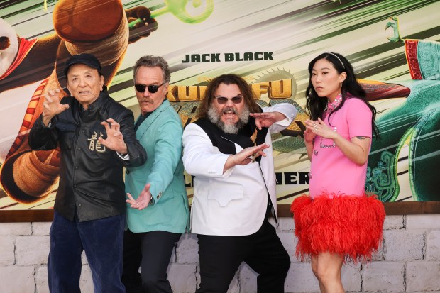 LOS ANGELES, CALIFORNIA - MARCH 03: (L-R) James Hong, Bryan Cranston, Jack Black and Awkwafina attend the premiere of Universal Pictures' "Kung Fu Panda 4" at AMC The Grove 14 on March 03, 2024 in Los Angeles, California. (Photo by Amy Sussman/Getty Images)