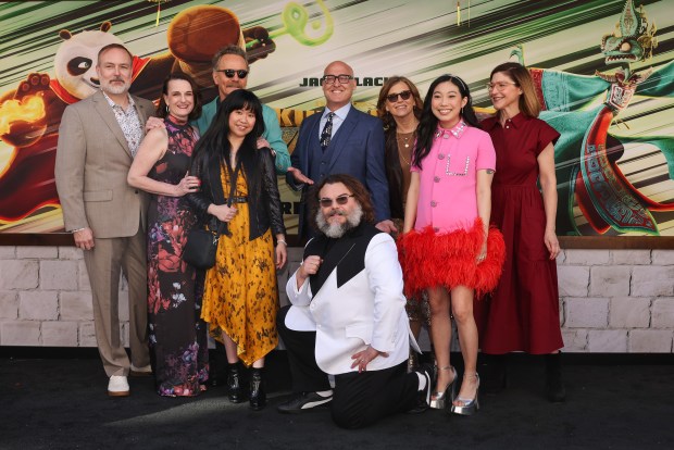 LOS ANGELES, CALIFORNIA - MARCH 03: (L-R) Steven Schweickart, Rebecca Huntley, Bryan Cranston, Stephanie Stine, Mike Mitchell, Jack Black, Margie Cohn, President, Dreamworks Animation, Awkwafina, and Kristin Lowe, Chief Creative Officer, Features for DreamWorks Animation attend the premiere of Universal Pictures' "Kung Fu Panda 4" at AMC The Grove 14 on March 03, 2024 in Los Angeles, California. (Photo by Amy Sussman/Getty Images)