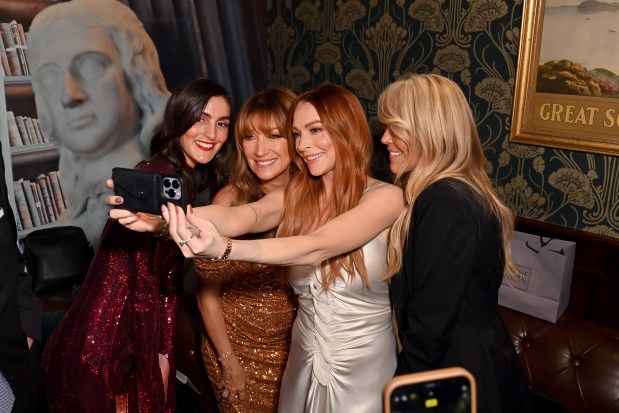 NEW YORK, NEW YORK - MARCH 05: (L-R)Aliana Lohan, Jane Seymour, Lindsay Lohan, and Dina Lohan attend the Irish Wish New York Premiere after party at The Long Room on March 05, 2024 in New York City. (Photo by Bryan Bedder/Getty Images for Netflix)