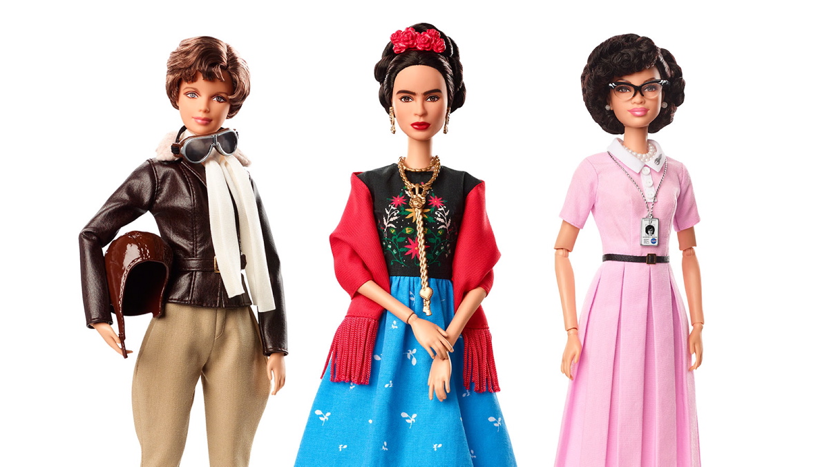 Barbie is honored 17 female role models from the past and present with a doll of their likeness in time for International Women's Day on March 8, 2018. Icons from the past including artist Frida Kahlo (C), aviator Amelia Earhart (L), and NASA mathematician Katherine Johnson were included in the 