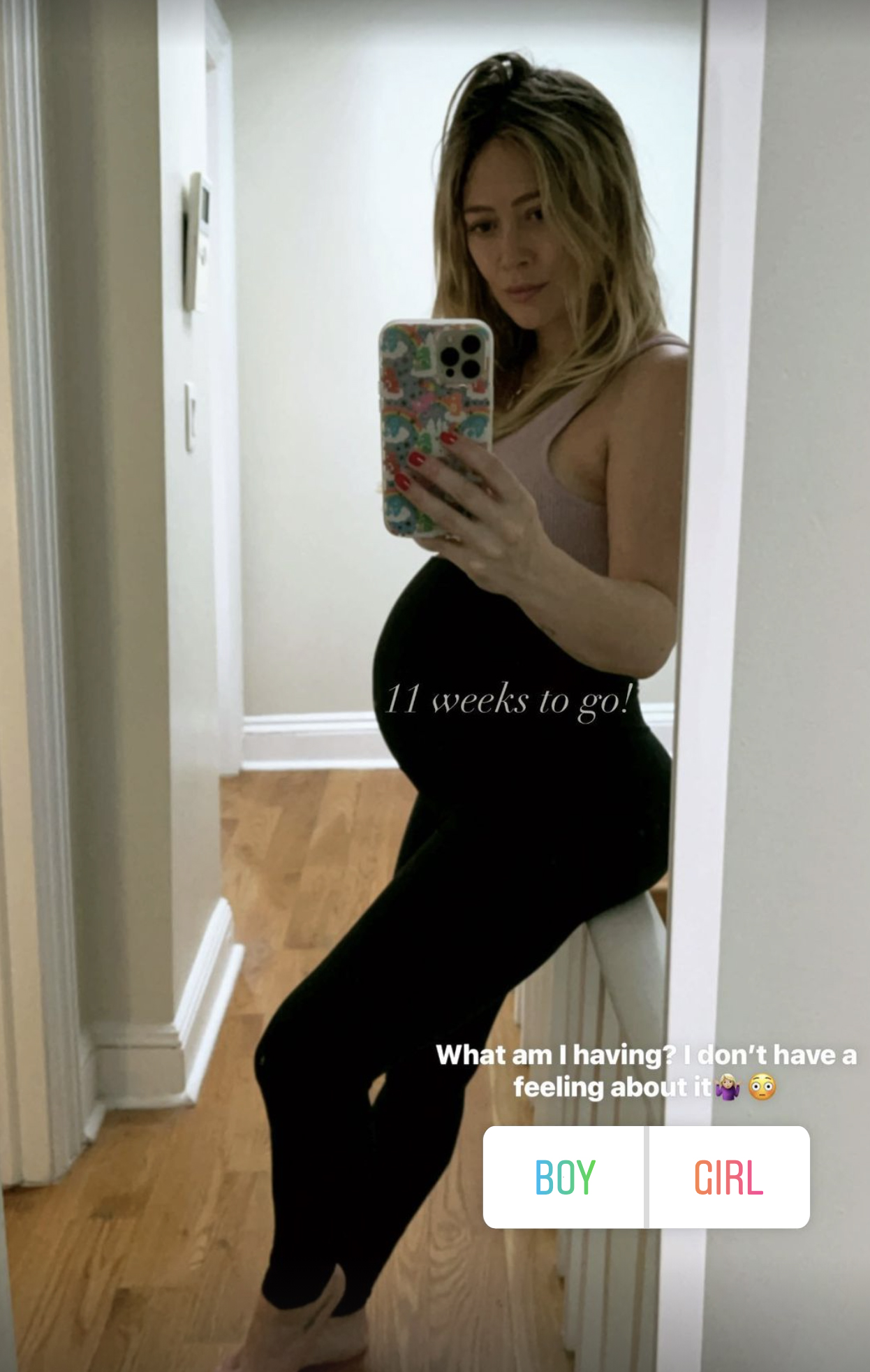 Hilary Duff has her fans on Instagram guess the sex of her next child with a baby bump selfie on Wednesday, Jan. 6, 2021.