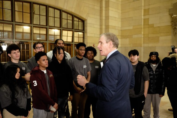 MTA chairman Janno Lieber met with students after their tour and asked them to consider jobs in transit. (Evan Simko-Bednarski)