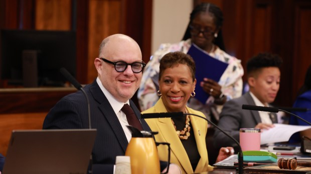 Councilman Justin Brannan and City Council President Adrienne Adams are pictured during Budget Hearings at City Council Chambers early Monday March 04, 2024. Jacques Jiha, Director of the New York City Mayor's Office of Management and Budget attended the hearing and answered questions regarding New York City Budget surplus. (Luiz C. Ribeiro for NY Daily News)