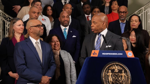 NYC Housing Commissioner Adolfo Carrión (L) and Mayor Eric Adams are pictured during press conference at City Hall Rotunda Monday March 4, 2024. (Luiz C. Ribeiro for NY Daily News)