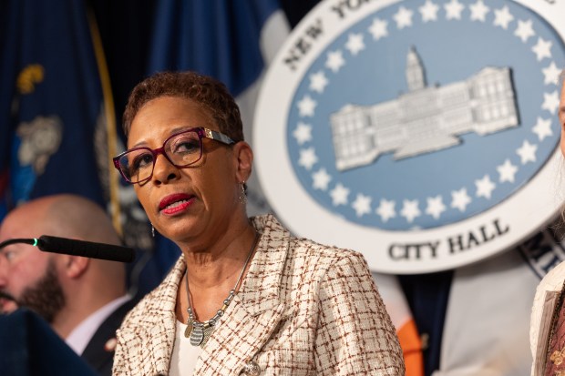 New York City Council Speaker Adrienne Adams speaking during a press conference before a New York City Council meeting at City Hall in Manhattan, New York on Wednesday, Dec. 20, 2023. (Shawn Inglima for New York Daily News)