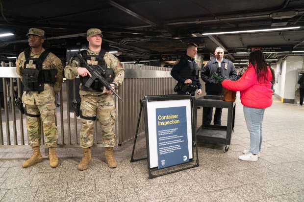 New York National Guard members stand post as MTA Police conduct bag checks at Grand Central Station Wednesday, March 6, 2024 in Manhattan, New York. (Barry Williams for New York Daily News)