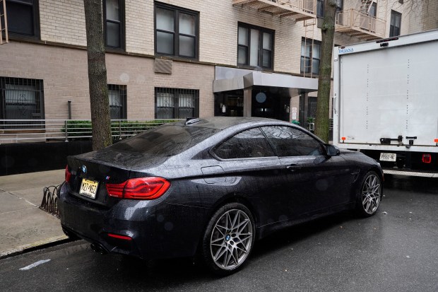 Gardner Conway's 2019 BMW M4 is pictured missing one competition rim Tuesday, March 5, 2024 in Manhattan, New York. Conway has had an expensive completion rim stolen from nearly the same spot in Oct. 2023. (Barry Williams for New York Daily News)
