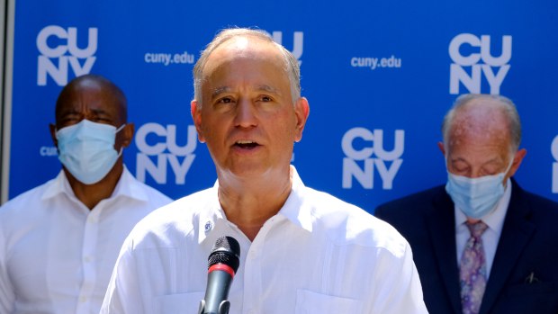 CUNY Chancellor Félix Matos Rodríguez speaks during a press conference at the CUNY College of Technology in Brooklyn on Aug. 25, 2021.