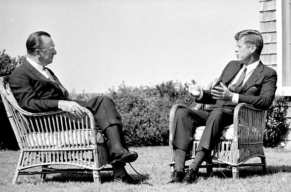 On Sept. 2, 1963, President Kennedy speaks with Walter Cronkite during a taped television interview at the President's summer home at Hyannis Port, Mass. Only weeks later, Cronkite would famously report on Kennedy's assassination in Dallas.